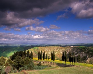 Landscape typical of the region, with cypress trees and spectacular landslides called locally balze, Volterra, Tuscany, Italy, Europe