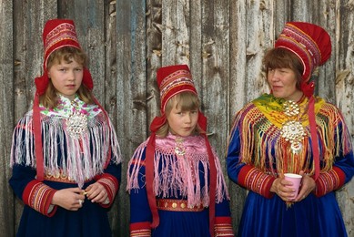 Portrait of Sami girls and woman, Lapps, in traditional costume for indigenous tribes meeting, at Karesuando, Sweden, Scandinavia, Europe