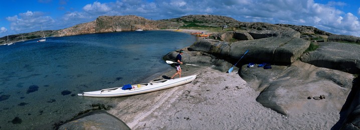 Kayaks in nature preserve on island of Dannemark, Bohuslan, Sweden, Scandinavia, Europe