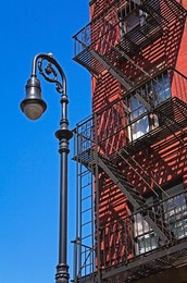 Building fire escape in Greenwich Village, Downtown Manhattan, New York City, New York, United States of America, North America