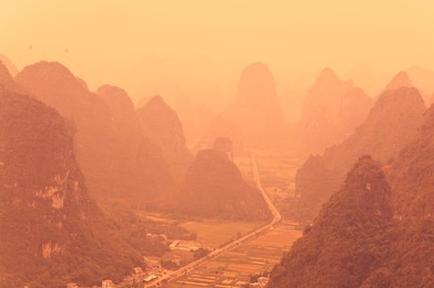 Karst landscape and morning haze, Yangshuo, Guangxi Province, China, Asia