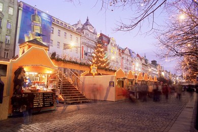 Christmas market and Christmas tree in Wenceslas Square (Vaclavske namesti), Nove Mesto, Prague, Czech Republic, Europe