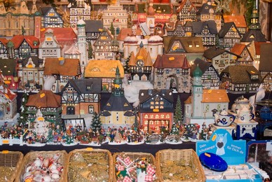 Ceramic houses, Weihnachtsmarkt (Children's Christmas Market), Nuremberg, Bavaria, Germany, Europe
