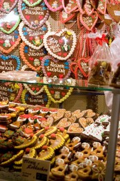 Handpainted pastries and lebkucken (honey cakes), Christkindelsmarkt, (Christ Child's Market) (Christmas Market), Nuremberg, Bavaria, Germany, Europe