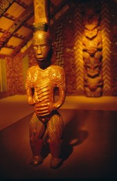 Carvings in interior of a Maori meeting house, New Zealand, Pacific