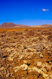 Volcanic landscape with volcanoes in background near Tiscamanita, Fuerteventura, Canary Islands, Spain