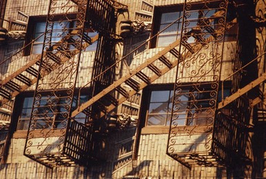 Detail of building with fire escape, Manhattan, New York City, USA