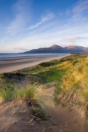 Sand dunes at Murlough Nature Reserve, with views to Dundrum Bay and the Mountains of Mourne beyond, County Down, Ulster, Northern Ireland, United Kingdom, Europe
