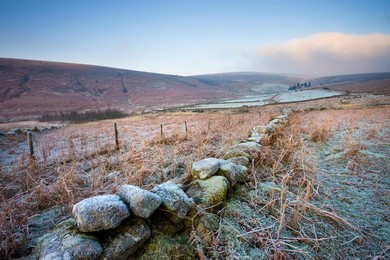 Frost covered moorland landscape near Challacombe Down, Dartmoor National Park, Devon, England, United Kingdom, Europe