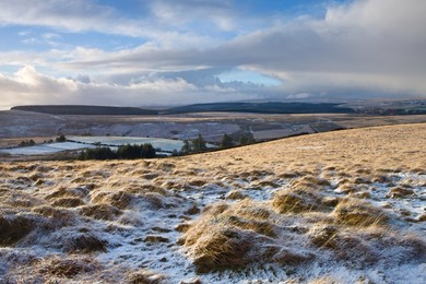 Snow dusted landscape near Chagford Common, Dartmoor National Park, Devon, England, United Kingdom, Europe