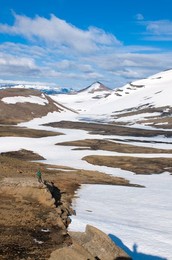 Walkers in mountain landscape covered with ice, Snaefellsjokull National Park, Iceland, Polar Regions