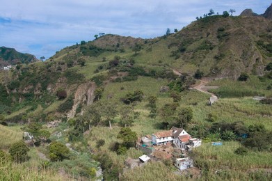 Mountain landscape with little houses, San Antao, Cabo Verde Islands, Africa
