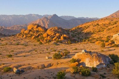 Desert landscape near Tafraoute at sunset, southern Morocco, North Africa, Africa