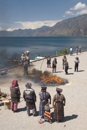 Indigenous Mayans particpating in the sacred ceremony of Kili"ich K'aak (Sacred Cosmic Fire Ceremony), Lake Atitlan, Guatemala, Central America