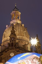 Nativity Scene at Christmas Market in front of Frauen Church at twilight, Neumarkt, Innere Altstadt, Dresden, Saxony, Germany, Europe