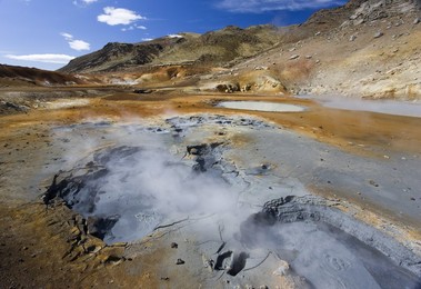Dramatic volcanic landscape with boiling mudpools in geothermal area on Reykjanes Peninsula, near Keflavik, Iceland, Polar Regions