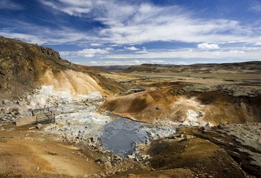 Dramatic volcanic landscape with mudpools in geothermal area on Reykjanes Peninsula, near Keflavik, Iceland, Polar Regions