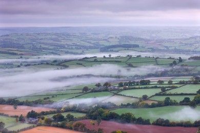 Mist covered rolling landscape near Llangorse, Brecon Beacons National Park, Powys, Wales, United Kingdom, Europe