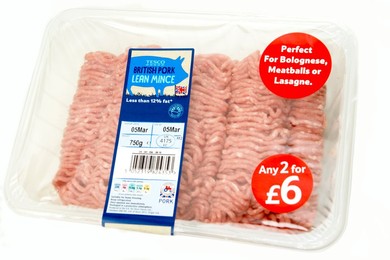 Tesco BRITISH pork lean mince (healthy eating) with the British logo & the little red tractor sign symbol from the assured food standards association on an offer of 2 for £6 perfect for Bolognese, meatballs or lasagne