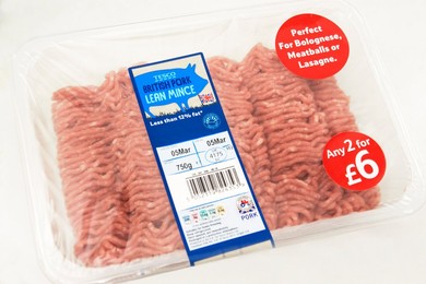 Tesco BRITISH pork lean mince (healthy eating) with the British logo & the little red tractor sign symbol from the assured food standards association on an offer of 2 for £6 perfect for Bolognese meatballs or lasagne