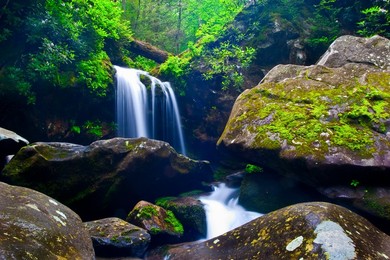 Water Rushes Between Boulders Below Grotto Falls, Roaring Fork Nature Trail, Great Smoky Mts,NP, Tennessee, USA