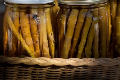Farmer's Market: food, vendors and shoppers. Idaho. Canned organic asparagus