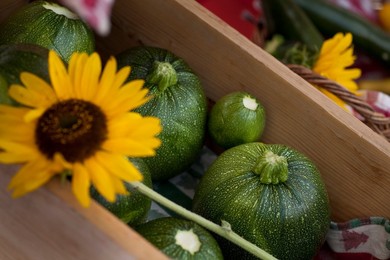 Farmer's Market: food, vendors and shoppers. Zuccini.  Idaho