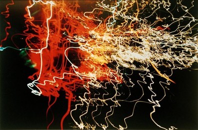 Untitled (Auto headlights white, orange and red, traffic squiggles) / L. Moholy-Nagy / Photo, 1939–46