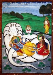 India: Vishnu, with Brahma seated on a lotus emerging from Vishnu's navel, reclining on the serpent Sheshanaga; Lakshmi rubs his feet with a Garuda in attendance. Jaipur, early 19th century