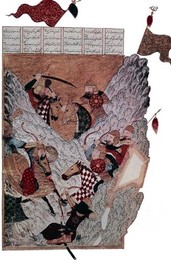 Mongolia / Persia / Iran: Genghis Khan (c.1162-1227) fighting the Chinese in the mountains, a scene from Ahmad Tabrizi's 'Shahanshahnamah', 1337-38