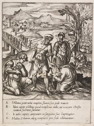 Several figures in a landscape. Actions of a religious nature. A man being blessed.