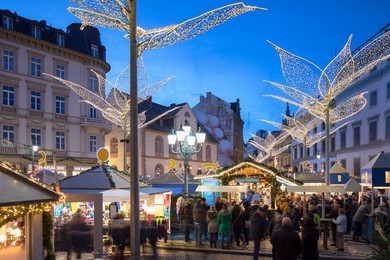 Christmas Market at dusk, Wiesbaden, Hesse, Germany