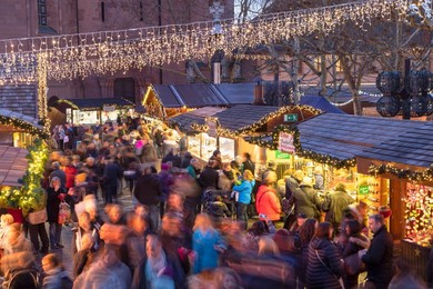 Christmas Market at dusk, Mainz, Rhineland-Palatinate, Germany