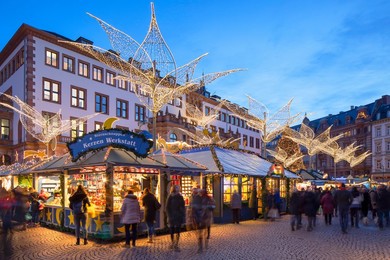 Christmas Market at dusk, Wiesbaden, Hesse, Germany