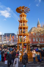 Christmas pyramid at Christmas Market, Mainz, Rhineland-Palatinate, Germany
