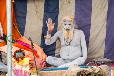 Sadhu covered with white ashes, Allahabad Kumbh Mela, largest religious gathering, Allahabad, Uttar Pradesh, India
