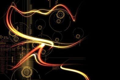 Abstract yellow and red wave pattern light trails over circles on black background