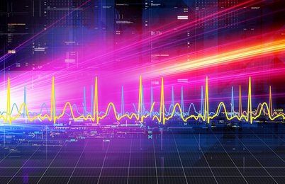 Abstract bright lights streaming across grid with wave pattern graph