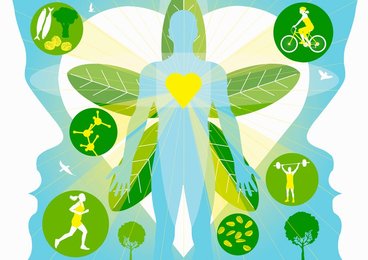 Man with glowing heart surrounded by healthy eating and lifestyle images