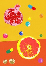 Natural healthy food contrasting with pills and nutritional supplements