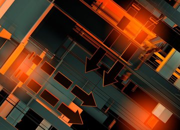 Abstract glowing red arrows and geometric grid pattern