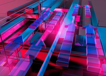 Abstract pink and blue geometric arrow and grid pattern