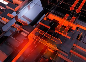 Abstract glowing red arrows and geometric grid pattern