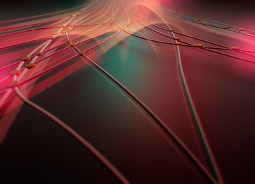 Abstract red pattern of interconnecting cables and dots