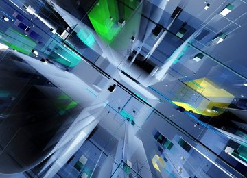 Abstract three dimensional futuristic structure from high up with diminishing perspective