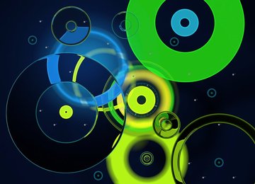 Dial and numbers in abstract pattern of brightly coloured overlapping discs