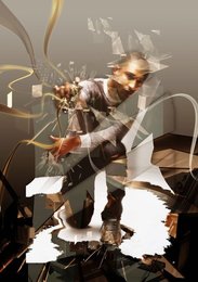 Man crashing through abstract foreground