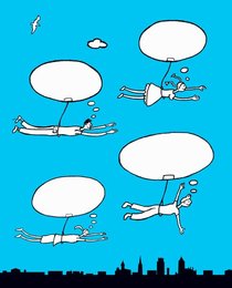 Happy family flying attached to thought bubble balloons