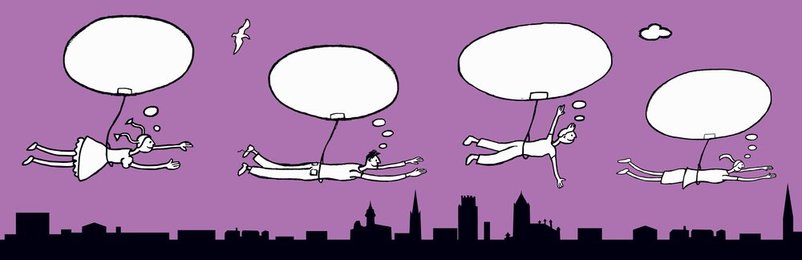 Happy family flying attached to thought bubble balloons