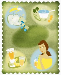 Montage of woman and healthy food and drink